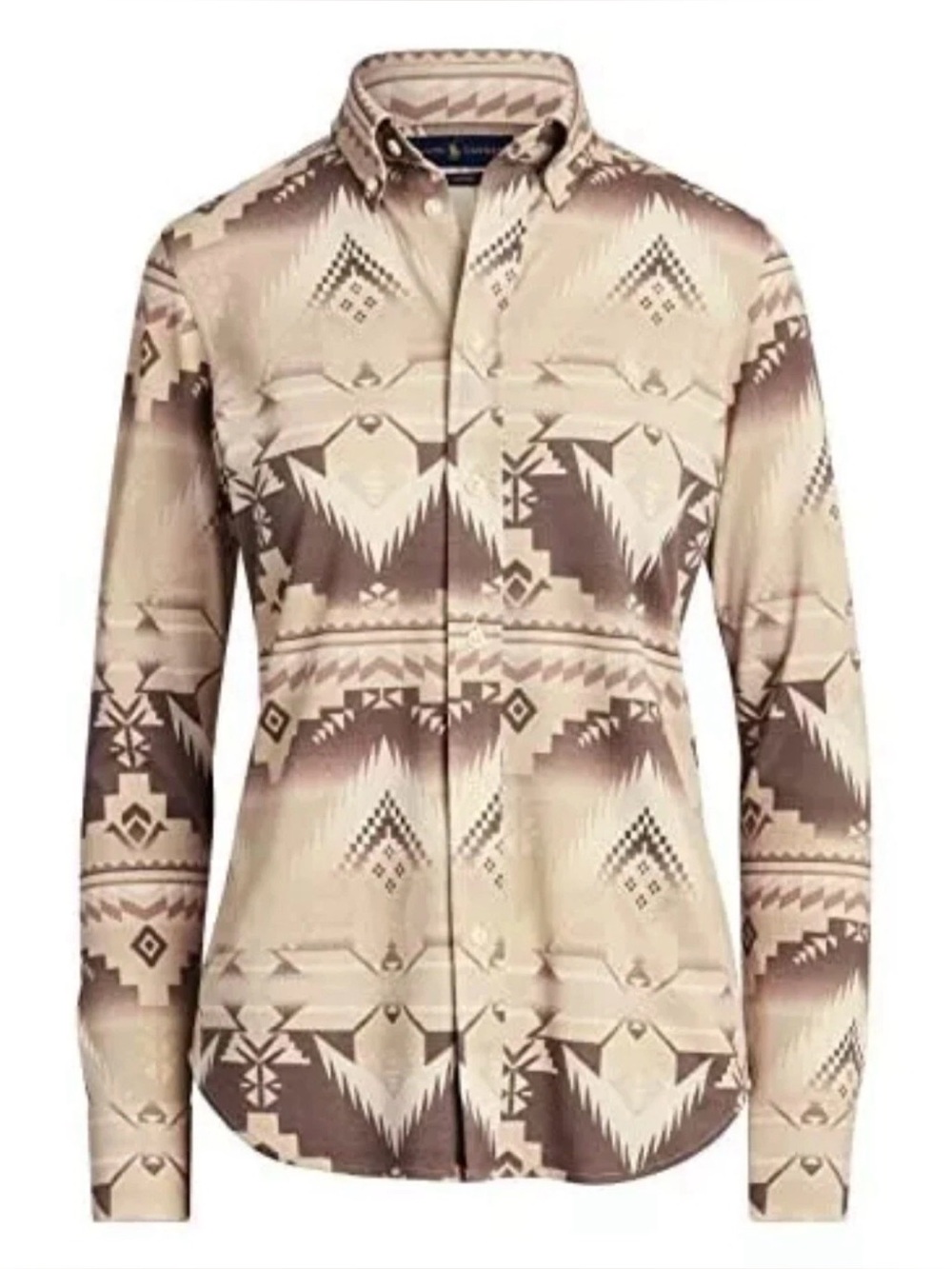 Ralph Lauren Southwestern Aztec Knit Oxford Casual Shirt Taupe Women's Size SP